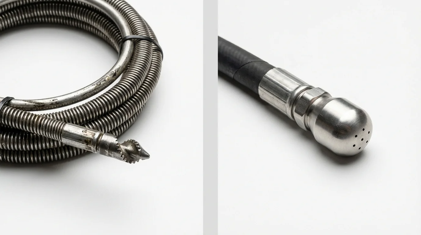 Drain snake cable and hydro jetting nozzle used for drain cleaning in Fulton, MD