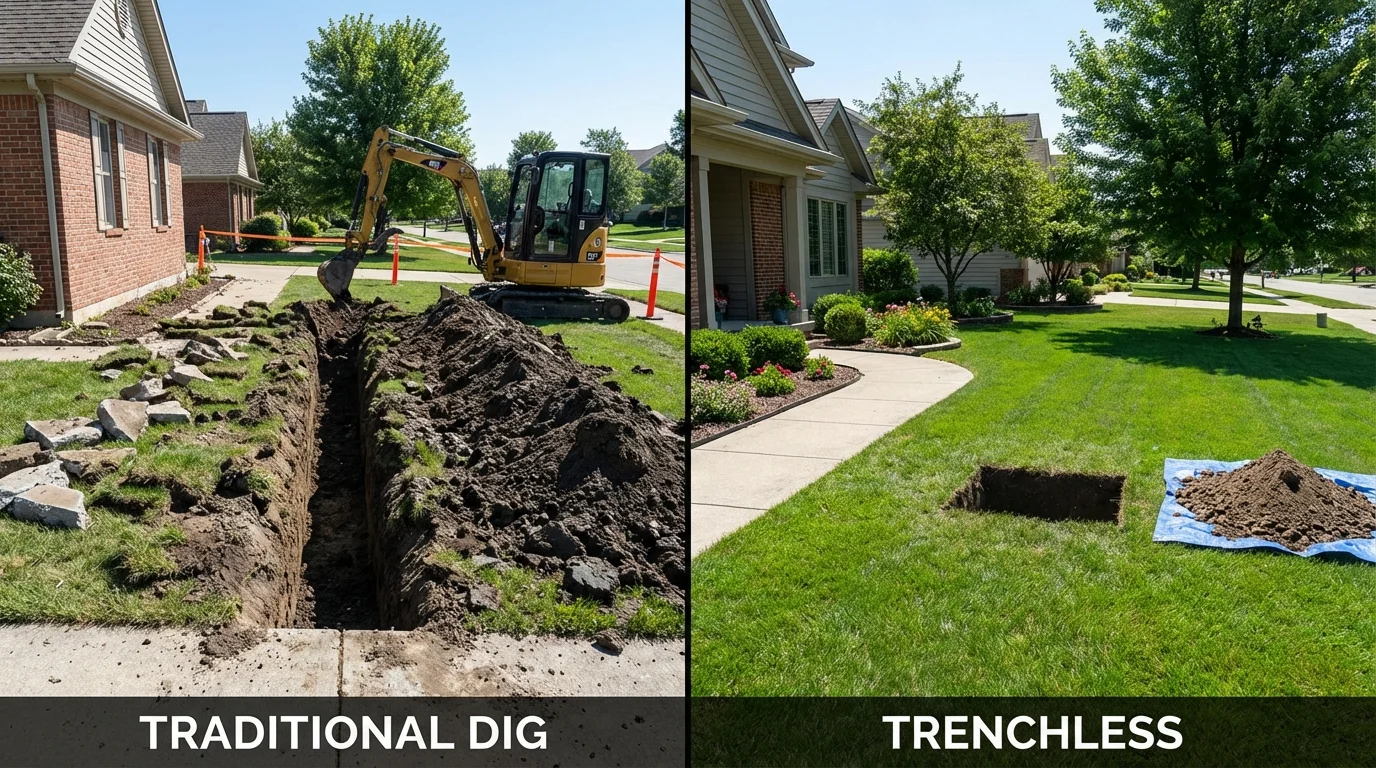 Trenchless sewer repair with minimal yard damage versus traditional excavation in Fulton, MD